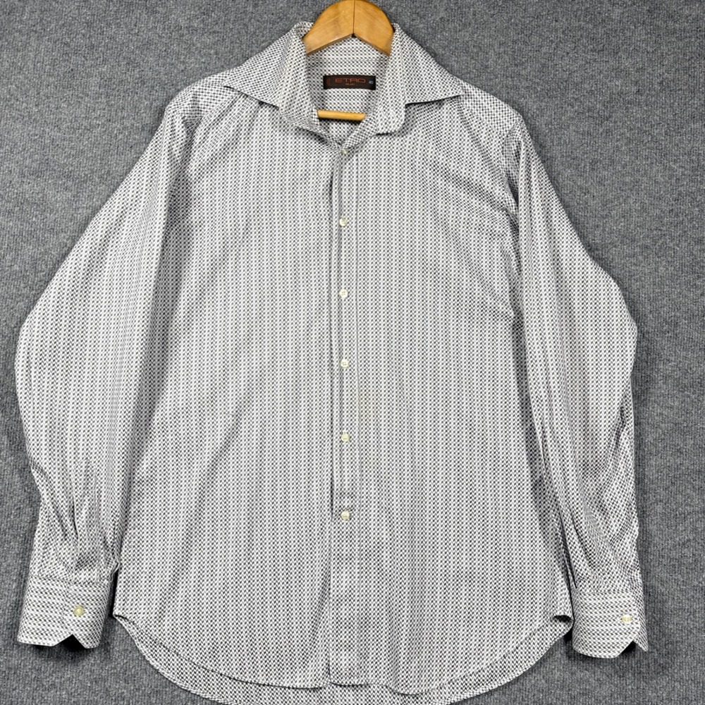 Etro Shirt Mens Size 40 Milano Geometric Cube Print Gray White Made In Italy